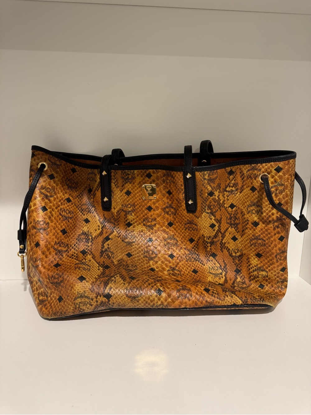 MCM Snake-Print Leather Tote in Cognac with Black Trim